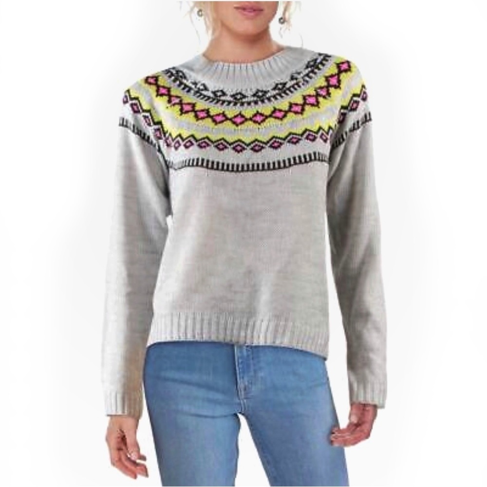 Full Circle Trends Fair Isle Sweater Grey Pink Yellow Mock Neck Size Large